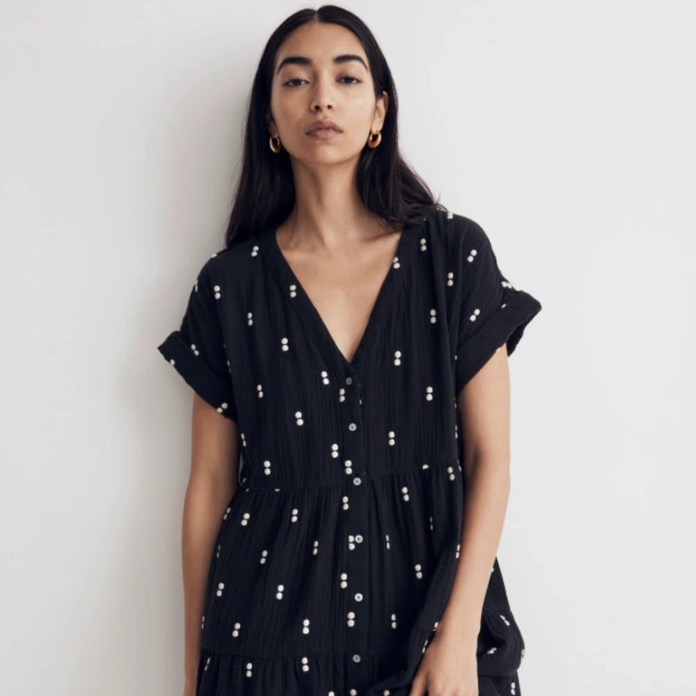 Madewell Lightspun Cuff-Sleeve Button-Front Tiered Mini Dress
